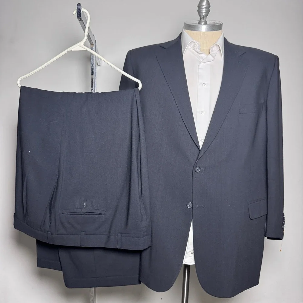 Pronto Uomo Suit Mens 52T W48 Navy Blue‎ Solid Worsted Wool Comfort Stretch